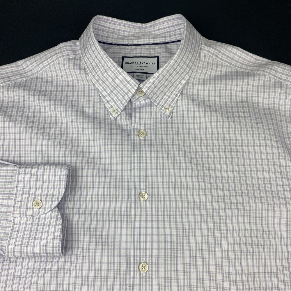 Charles Tyrwhitt  Dress Shirt Mens 18-35 Lavender Checks Classic Fit No Iron